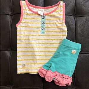 Wildflowers Girls Yellow-Stripe Tank & Teal Shorts Set with Pink Trim